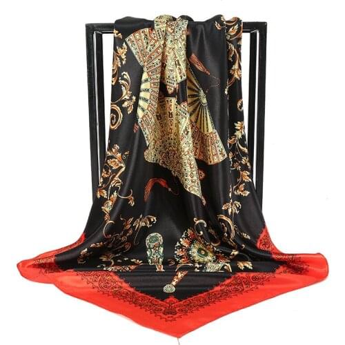 Print Square Silk Scarf Women 2021 Satin 90*90cm Hijab Scarves Female Chiffon Shawls Waps Headband Ladies Hair Neckerchief