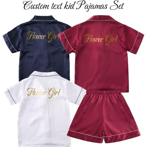 Custom Flower Girl Pajamas Suit Children Kids Silk Satin Pajamas Set Sleepwear Girls Kid Short Sleeve Pyjamas Set