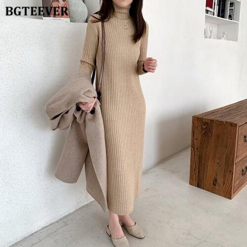 BGTEEVER 2020 Turtleneck Women Striped Sweater Dress Autumn Winter Long Sleeve Mid-calf Female Knitted Pullovers Dress Vestidos