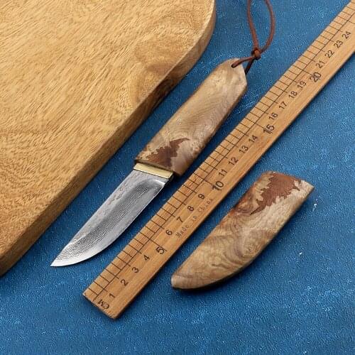 Portable Mini Fixed VG10 Damascus Steel Blade White Shadow Wooden Handle Outdoor Camping Hunting Sharp Straight Knife