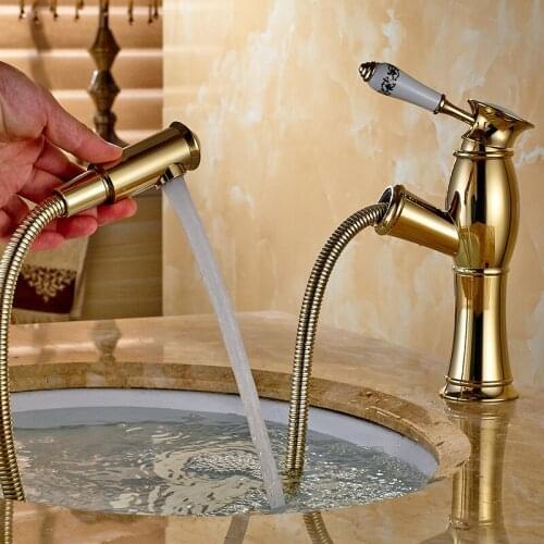 Basin Faucets chrome/golden Brass Faucet Hot Cold Pull Out Faucets Deck Mounted Mixer Tap Bathroom Faucet Lavatory Mixer