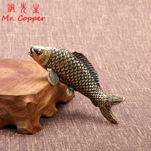 Solid Brass Fish Figurines Miniatures Antique Feng Shui Desktop Ornament Craft Simulation Carp Tea Pet Home Decoration Accessory