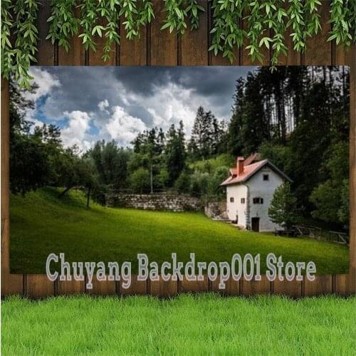 Photo Studio Props Photography Backdrop Park And Village Manor Villa White Clouds Vinyl Background Wedding Birthday Party