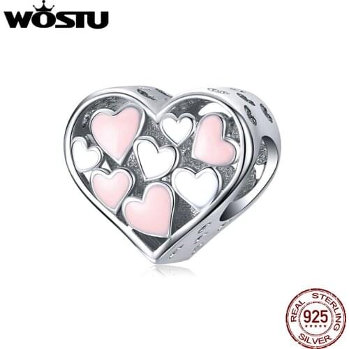 WOSTU 925 Sterling Silver Full Of Love Heart Beads Pink & White Charm Fit Original Bracelet Necklace Lover Jewelry Gift BKC1423