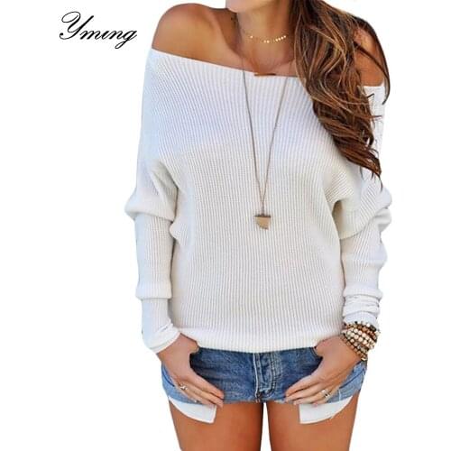 YMING Knitted Women Sweater Fashion Pullover Solid Off Shoulder Sweaters Long Sleeve Jumper Autumn Sweatshirts White Clothes