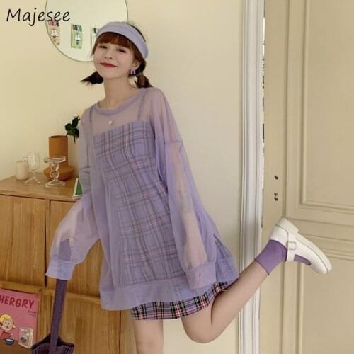 Skirts Women Purple Lovely Preppy Two Piece Leisure Streetwear Slim Sweet Mini Female Vintage Long Sleeve Gauze Tops Thin Mujer