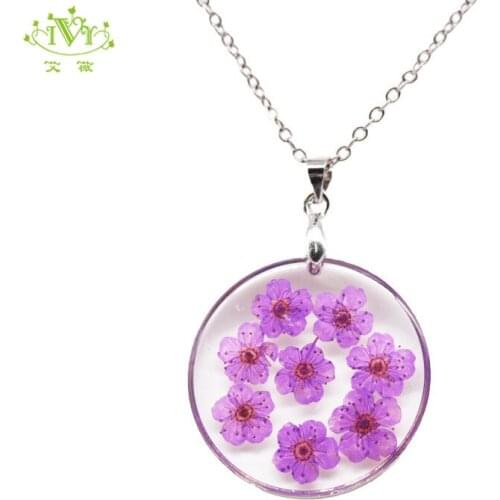 Handmade Boho Transparent Resin Dried Flower Purple Red Pressed Flower Crystal Necklace Ball Chain Silver Color Round Jewelry
