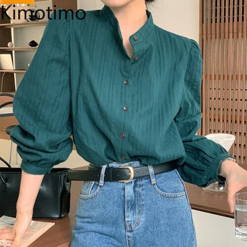 Kimotimo Women Shirts Korean Chic Temperament Stand Collar Design Button Up Tops Autumn Puff Sleeve Casual All-match Blouse Ins