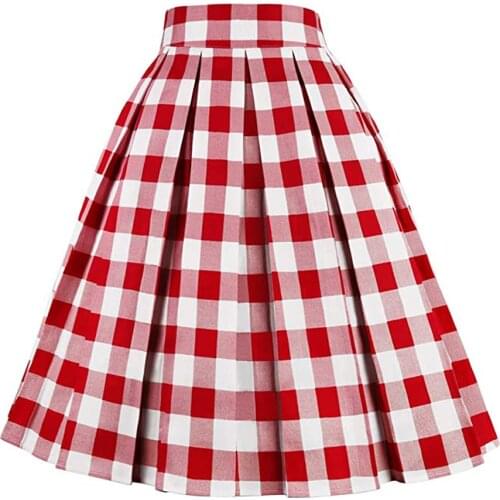 Checkered Cotton Women Midi Skirt High Waist Pin Up Hepburn Retro Vintage Swing 50s 60s Rockabilly Plaid Skirt SS0012