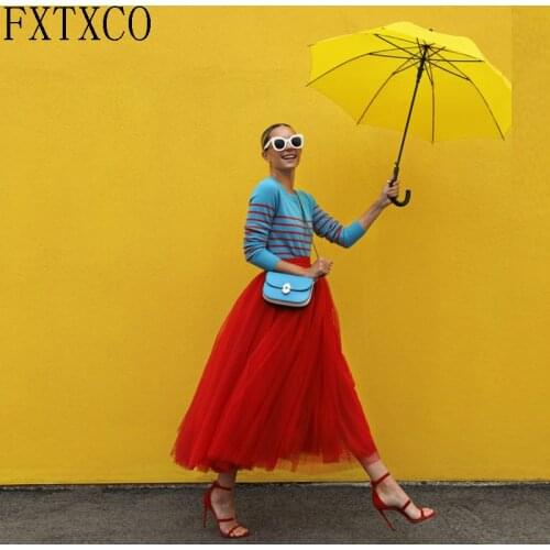 2020 Fall Casual Red Tulle Skirts Women Fashion Custom Made Tiered Elastic Korean Style Skirts faldas mujer