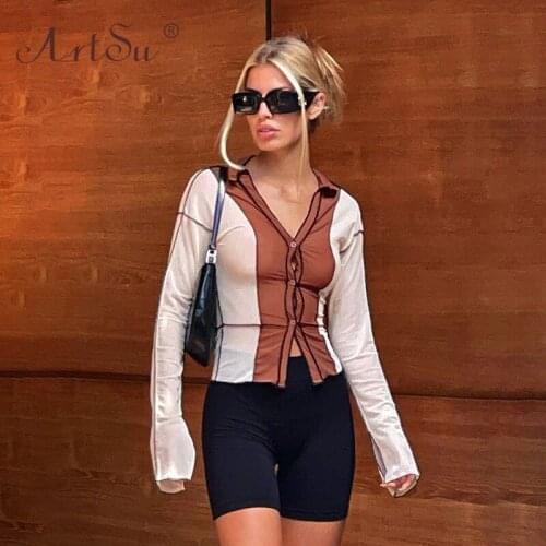 ArtSu Patchwork Streetwear Women Long Sleeve Autumn Shirt Turn-Down Collar See Through Chiffon Sexy Crop Top Tshirt Clubwear