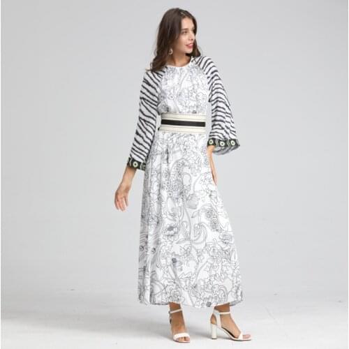 2021 women new design long dresses printed chiffon quality runway dress with sashes oversized