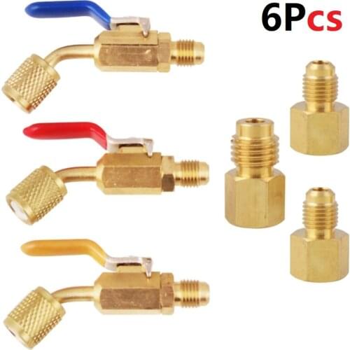 6PCS Air Conditioning Refrigerant Angled Compact Ball Valve 1/4 Inch for R410A R134A R12 R22 AC HVAC Adapter Vacuum Pump Adapter