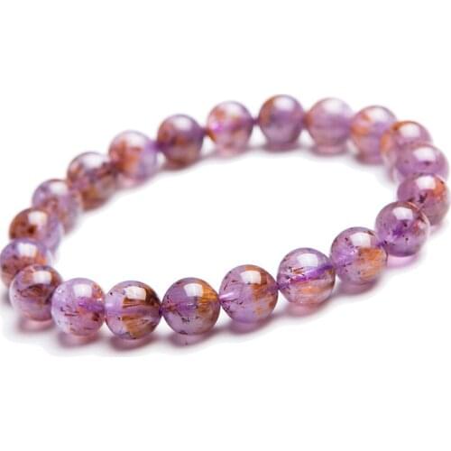 9mm Genuine Natural Purple Gold Cacoxenite Rutilated Quartz Crystal Round Beads Jewelry Women Stretch Bracelets