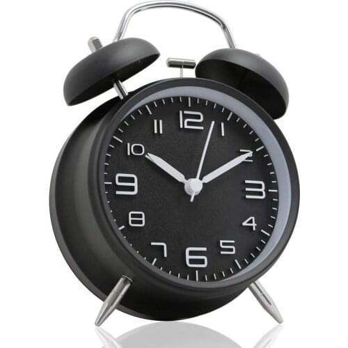 4 inch Twin Bell Alarm Clock Metal Frame 3D Dial with Backlight Function Desk Table Clock for Home Office black