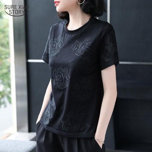 Black Shirt Women Basic Blouse Cotton High Quality Rose Embroidery Plus Size Shirt Short Sleeve Summer Ladies Tops Casual 13553