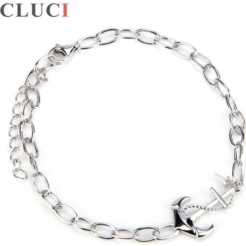 CLUCI Real Silver 925 Charms Peodant Gift for Women Anchor Shaped Pearl Bracelet Mounting Valentine GIft Jewelry SB002SB