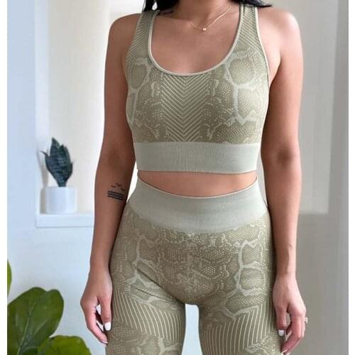 2 Piece Sets Snake Print Yoga Set Women High Waisted Yoga Pants Leggings Sports Bra Workout Fitness Suit Female Clothing Gym Set
