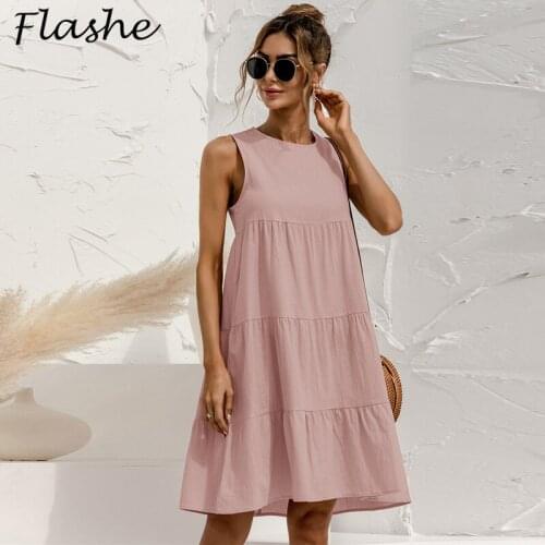 Mini Dress Women Beach Dress Summer 2021 Sexy O Neck Boho Loose Dress Boho Ruffle Sleeveless Solid A Line Dresses For Women