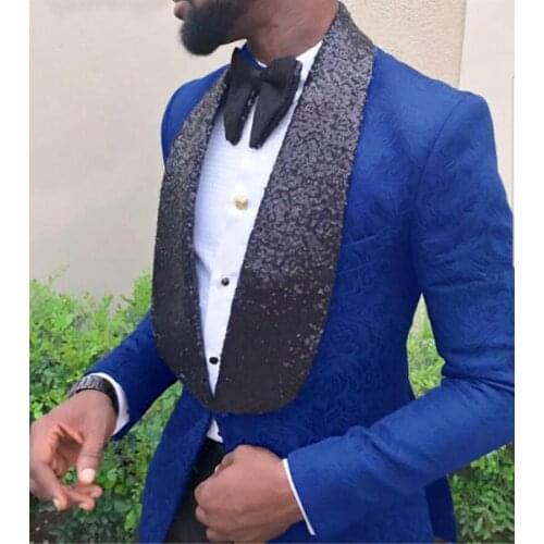 Fashion Blue Pattern Costume Homme Men Suits Formal Lapel Flat Business Tuxedos Tailcoat Groomsmen For Wedding (Blazer+Pants)