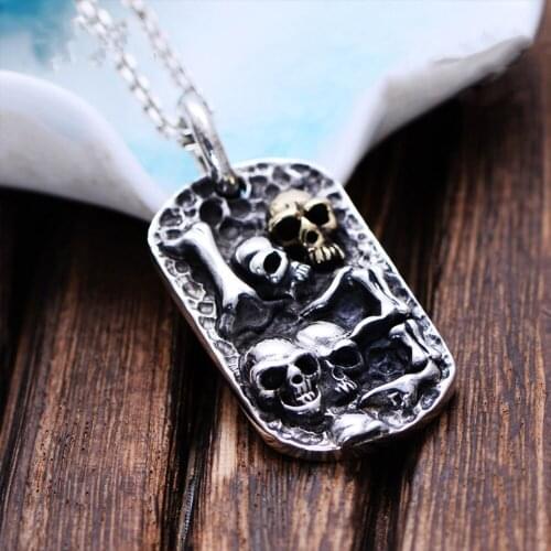 MetJakt Hand Carved Skull Pendant Solid 925 Sterling Silver Pendant for Mens Vintage Thai Silver Punk Rock Personality Jewelry