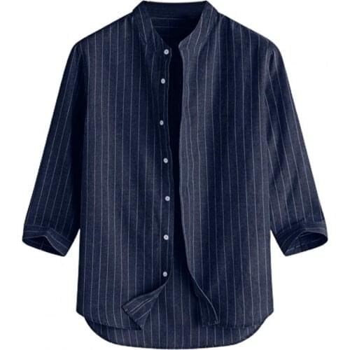 Men Shirt Plus Size Striped Casual Loose Breathable Top 3/4 Sleeve Stand Collar Single-breasted Fashion Male Shirts