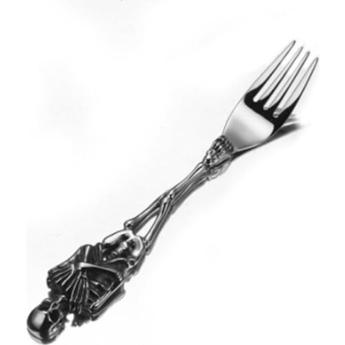 Mens Western Dinnerware Stainless Steel Silver Color Punk Skull Skeleton Kitchen Steak Fork Tableware Cutlery Dining Bento