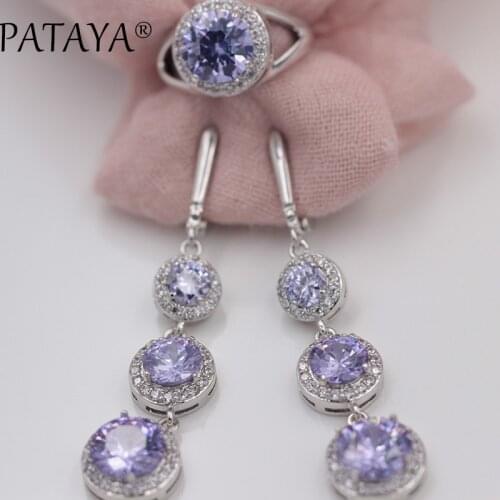 PATAYA Charm Purple True White Gold Jewelry Sets Round Natural Cubic Zircon Ring Earrings Sets Party Wedding Accessories Jewelry
