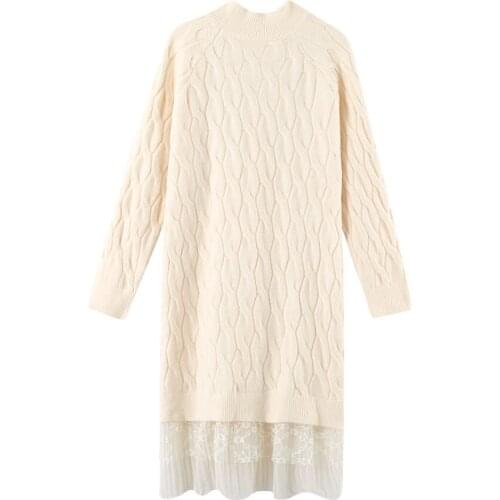 Autumn and winter womens turtleneck sweater dress mid-length over the knee loose lace stitching Korean sweater dress
