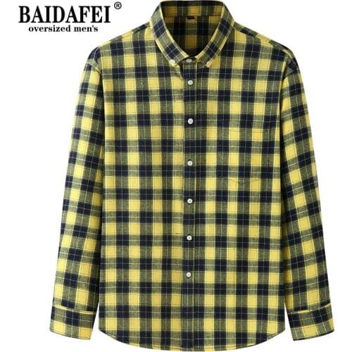 Oversized Shirt 2021 New Arrivals Men Fashion Yellow Plaid Shirt Autumn Winter Mens Streetwear Fat Casual Shirts 8XL 10XL