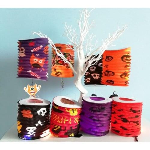 Halloween Folding Organ Paper Lantern Childrens Portable Paper Pumpkin Bat Skeleton Hanging Lantern Lamp Halloween Decor
