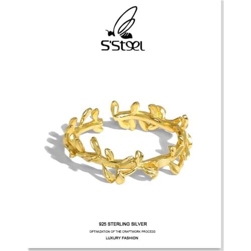 SSTEEL Designer Adjustable Rings For Women Sterling Silver 925 Plant Shape Gold Geometric Minimalist Ring Gothic Fine Jewellery