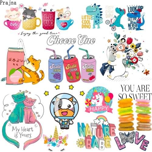 Prajna Iron On Transfer Cute Cat Patches Heat Transfer Cartoon Unicorn Thermal Sticker On Clothes Kids T Shirt Ironn on Patches