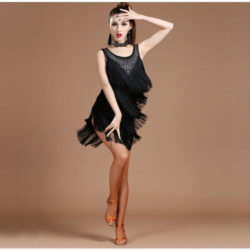 Top Grade 2018 Women Dance Clothes Salsa Samba Dress V-neck Fringes Dress Beaded Latin Dresses with Earrings