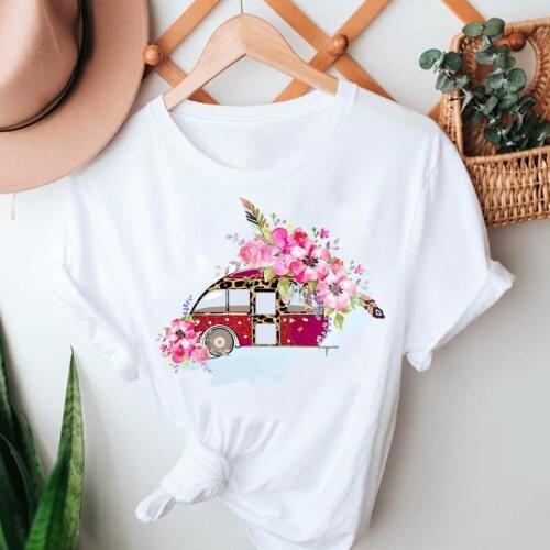 Women Summer Tshirts Truck Floral Camper Cartoon Beach Fashion Short Sleeve Clothes Graphic T Top Lady Print Female Tee T-Shirt