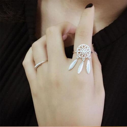 ANENJERY 925 Sterling Silver Rings For Women Dreamcatcher Feather Tassel Resizable Rings Jewelry Bague S-R211