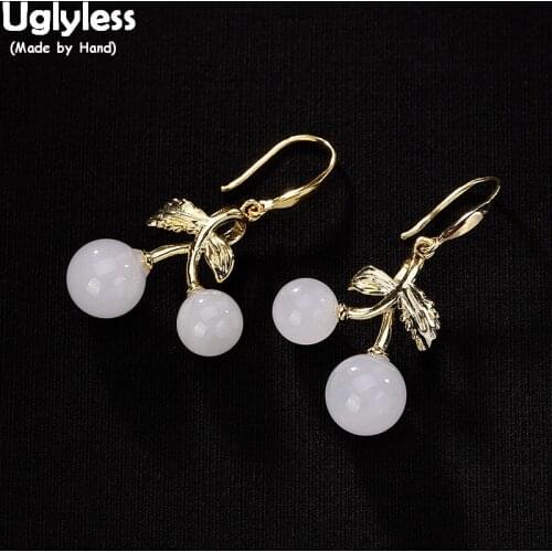 Uglyless Real 925 Sterling Silver Cherry Earrings for Women Luxury Plated Gold Fine Jewelry Natural Jade Balls Earrings Brincos