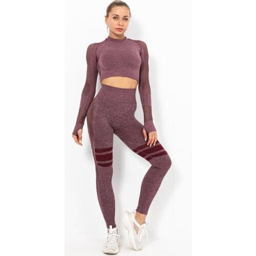 IMucci Ladies Seamless Yoga Suit Workout Wear Fitness Leggings Shirt Sports Suit Ladies Long Sleeve Sportswear Active Wear