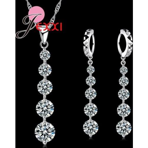 Hot Fashion 925 Silver Luxury CZ Crystal Long Tassel Drop Necklace Earrings Set Elegant Women Bride Wedding Jewelry Sets