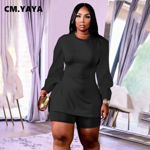 CM.YAYA Women Plus Size Tracksuit Solid Full Sleeve O-neck Slit Long Tops Stretchy Shorts Two 2 Piece Sets Casual Outfits 2021