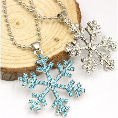 Women Fashion Charms Snowflake Blue White Rhinestone Alloy Necklace Pendant Jewelry lady Sweater Christmas necklace