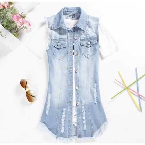Women Vest Spring Autumn Turn Down Collar Vest Long Denim/Jean Vest Women Plus Size Ladies 5XL Sleeveless Vests Jacket Women Top