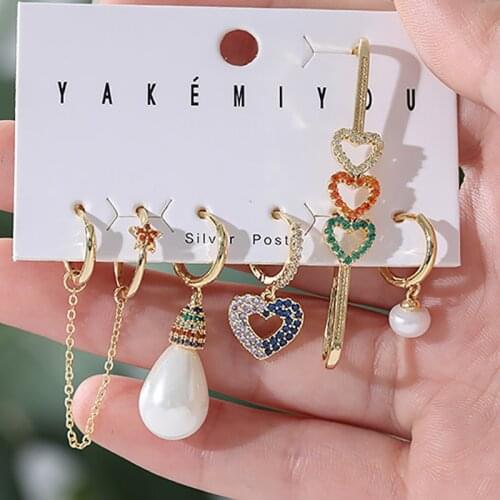 ZHINI New Korean 5pcs/Set Stud Earrings Set For Women Fashion Colorful Crystal Heart Ear Clip Statement Earring Jewelry Gift