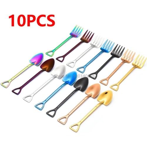 10PCS Creative Shovel Fork Spoon 304 Stainless Steel Fork Ice Cream Dessert Coffee Spoon Fruit Fork Teaspoon Stirring Spoon