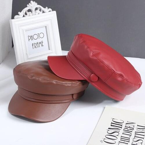 2020 Fashion Unisex PU Leather Military Hat Spring Autumn winter Sailor Hats for Women Flat Cap Captain Travel Cadet Hat