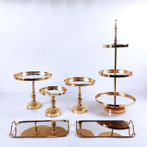 4-7PCS Gold Mirror Metal Cake Stand Round Wedding Birthday Party Dessert Cupcake Pedestal Display Plate Home Decor