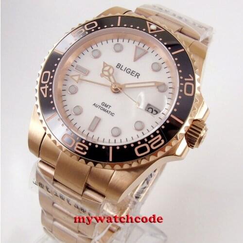 40mm bliger white dial rose golden case sapphire glass GMT automatic mens watch
