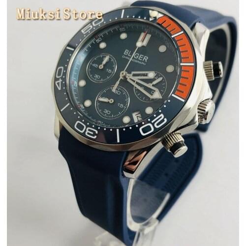 Bliger 41mm silver case sapphire glass date ceramic bezel rubber strap 2020 new chronograph quartz mens watch