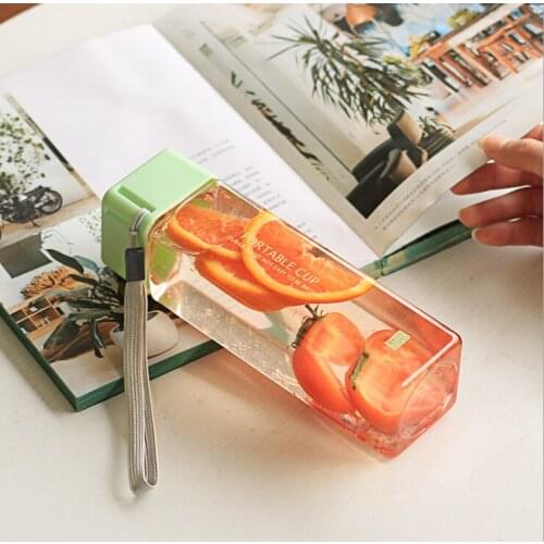 Water Bottles 450ml Transparent Square Plastic Matte Water Cup Outdoor Cold Juice Water Sports Cup With Portable Milk Rope 1pcs