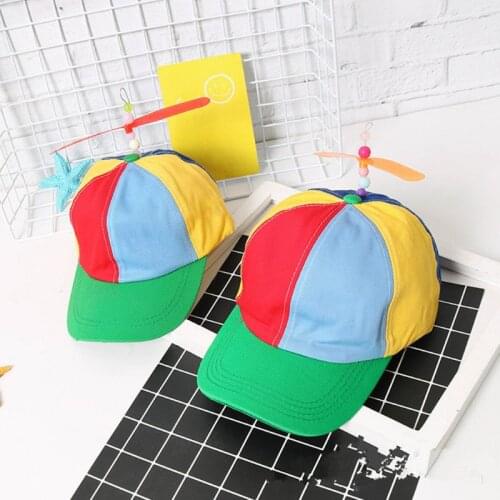 Children Kids Cotton Helicopter Propeller Bucket Cap Color Block Patchwork Dragonfly Beaded Summer Sun Protection Fisherman Hat
